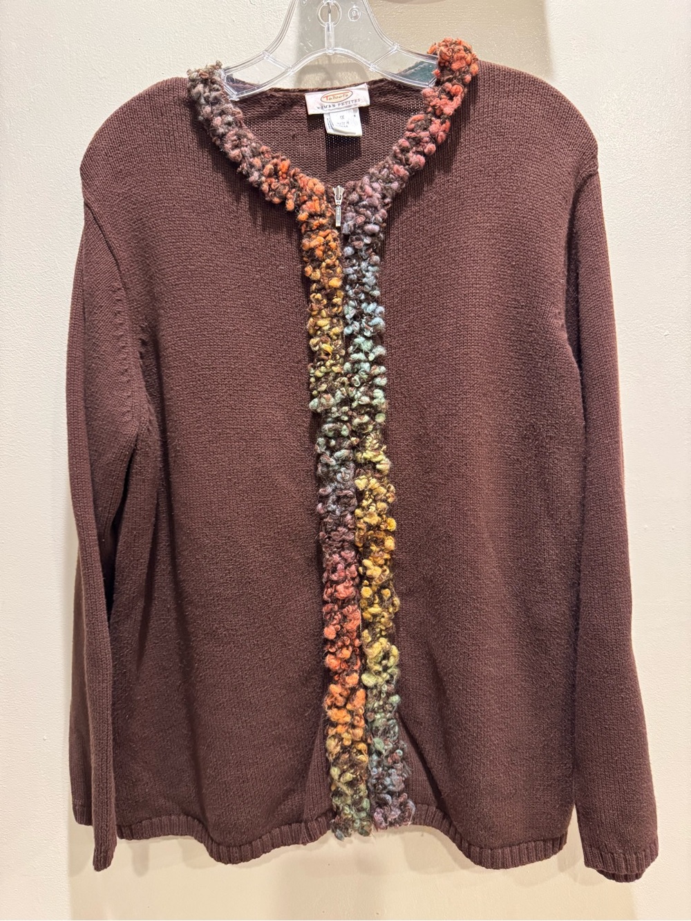 Talbots Vintage Women’s Zip Front Sweater with Multi Color Boucle Trim Sz 1XWP
